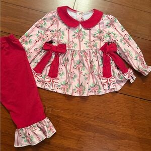 Girls Pink & Red Bow Holiday Top with Red Leggings
